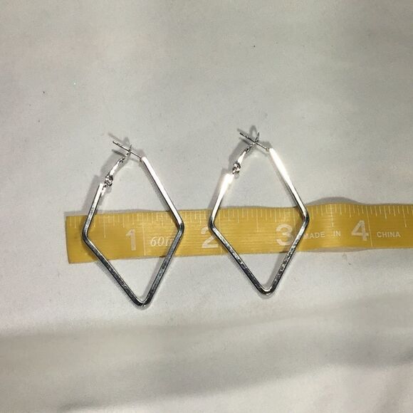 Silver Tone Squared Diamond Shape Hoops (UC3) - Picture 6 of 6